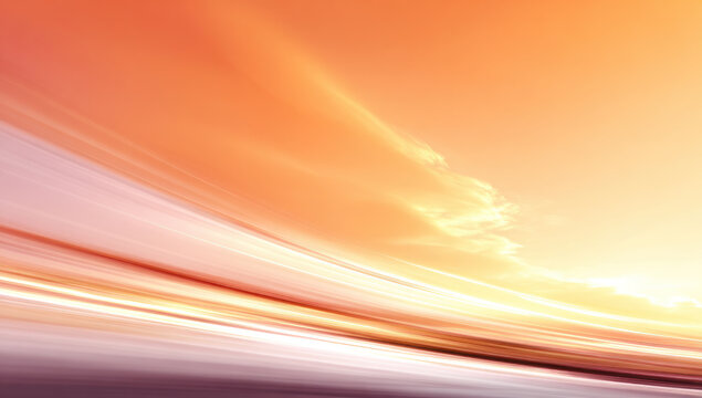 A vibrant orange sky with soft clouds and blurred motion creates a serene, dynamic natural landscape at sunset.