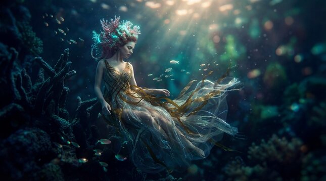 Ethereal sea goddess floating underwater in ocean with coral crown and sun
