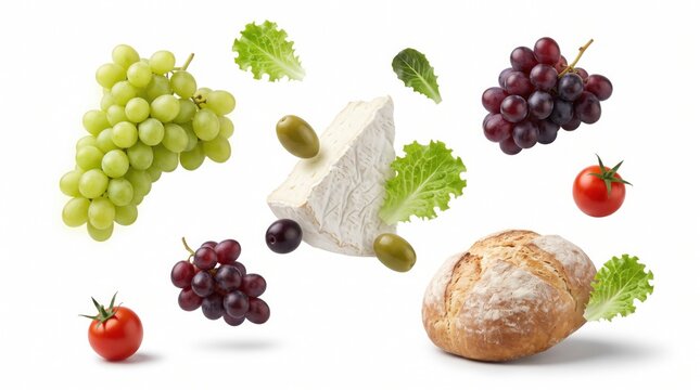 Levitating food ingredients with brie cheese and grapes, flying healthy snacks on white background, fresh mediterranean appetizer assortment for menu design