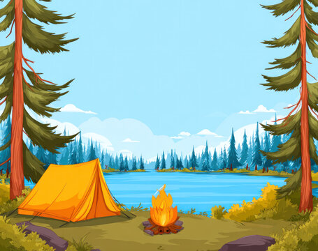 A serene camping setting by the lake features a bright tent and a crackling campfire amidst tall trees and a clear blue sky.