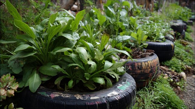 the organic plants were growth in the recycle painted tires in the garden