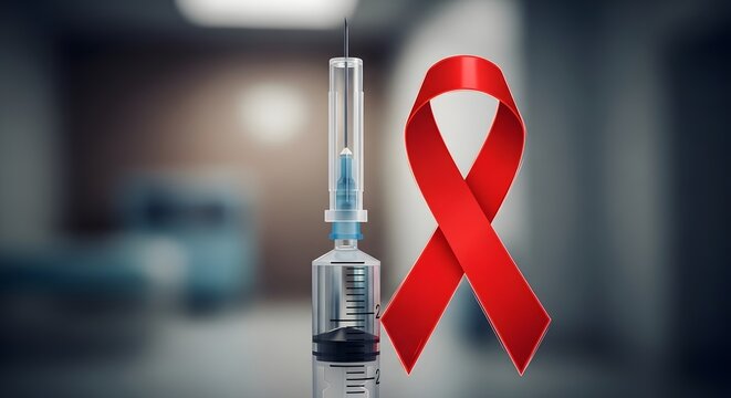 World aids day awareness red ribbon symbolizing hope and syringe for hiv prevention and treatment