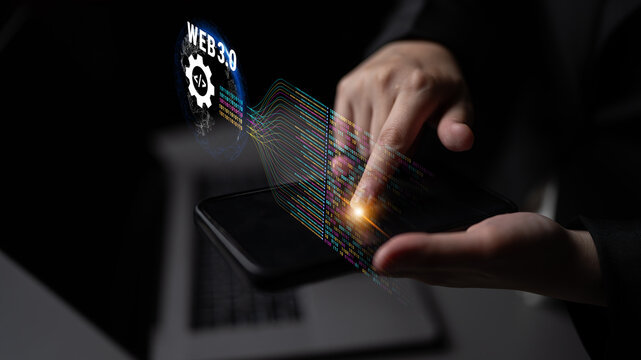 The concept of Web 3.0 development and decentralized data processing. The flow of binary code and information in the next generation internet. Motif