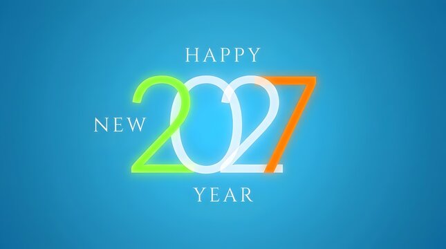 Happy New Year 2027 Typography Design with Glowing Neon Numbers on Blue Background