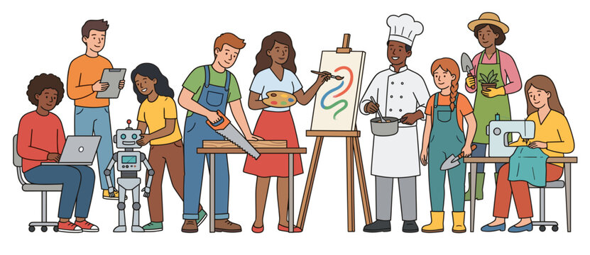 World youth skill day vector illustration of diverse teenagers developing talents. Students learning robotics, woodworking, painting art, cooking and sewing skills.