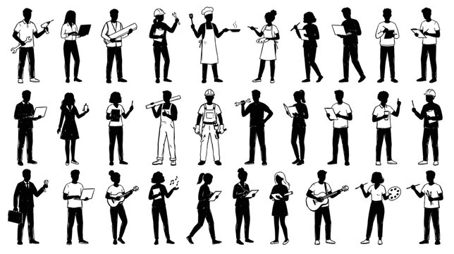 Black silhouette world youth skill day vector set. Diverse people developing career skills in coding, cooking, carpentry, painting, engineering and agriculture professions.