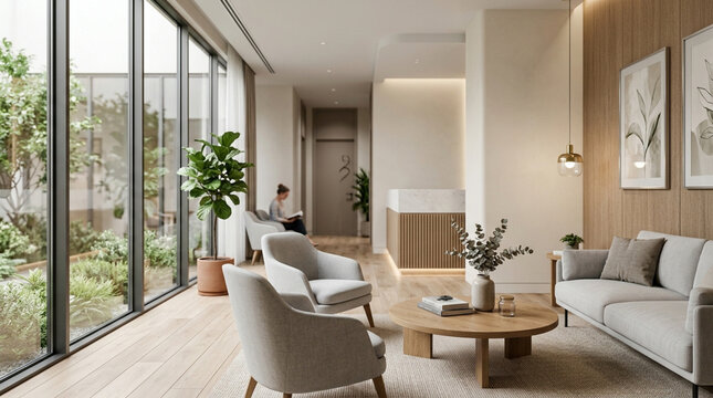 Modern office reception lobby with comfortable seating and large windows overlooking garden.