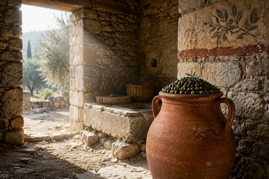 Ancient Greek granary ruin with terracotta amphora filled with olives in morning light.
