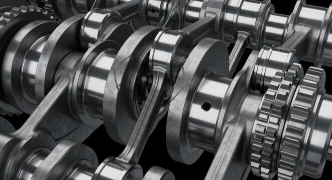Close-up view of a complex mechanical engine crankshaft assembly with pistons and connecting rods.