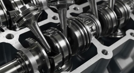 Naklejka premium Close-up view of a complex internal combustion engine mechanism with intricate metal parts and components.