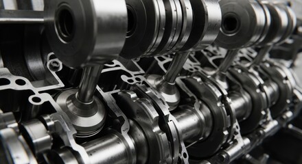 Fototapeta premium Close-up view of a complex internal combustion engines mechanical components in motion.