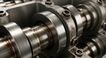 Fototapeta premium Close-up view of a complex mechanical engine camshaft and components.
