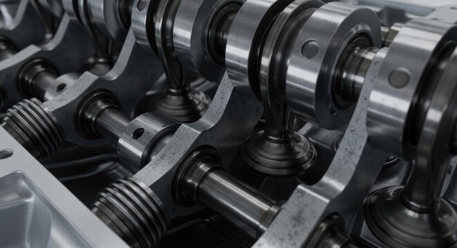 Close-up view of a complex internal combustion engine mechanism with metallic components.