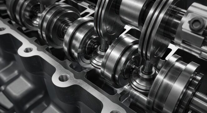 Close-up view of a complex internal combustion engine mechanism with rotating camshafts and valves.