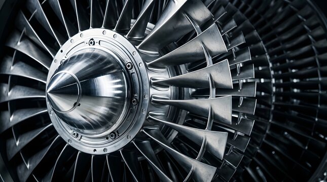 Close-up of commercial airplane jet engine turbine and fan blades
