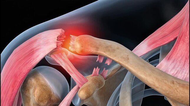 3D Medical Animation of Human Shoulder Rotator Cuff Tear Anatomy with Tendons, Humerus, Acromion and Inflammation Pain Highlight on Dark Background