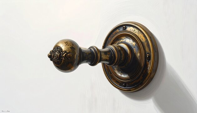 Antique brass coat hook on a white wall casting shadow.
