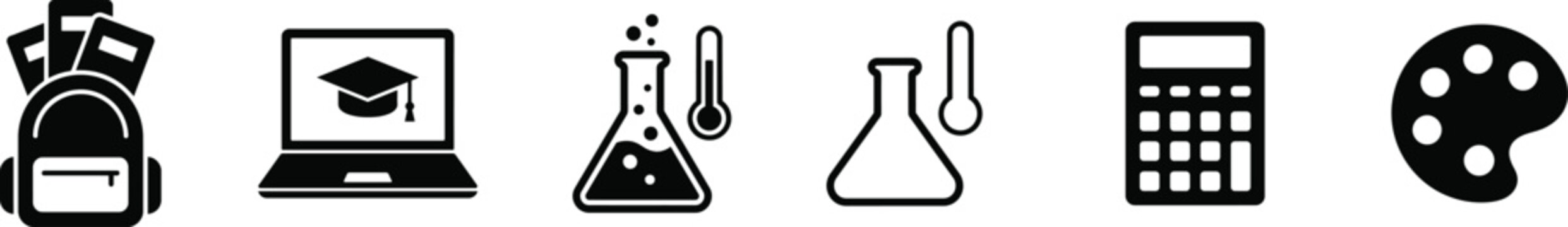 Black line icons of school and education symbols