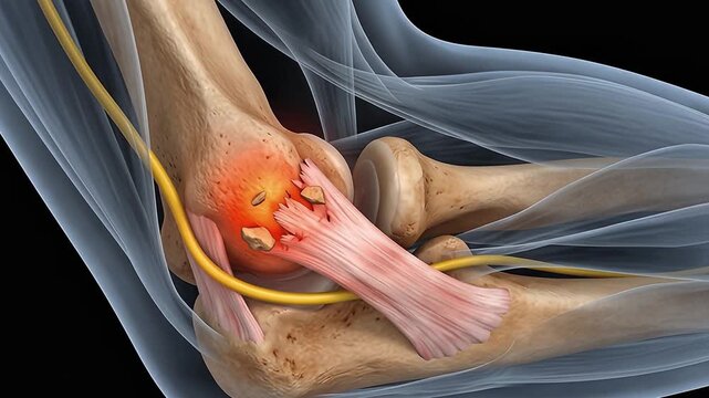 3D Medical Animation of Human Elbow Joint Anatomy with Lateral Epicondyle Calcification, Tendon Injury, Ulnar Nerve and Inflammation Pain on Dark Background