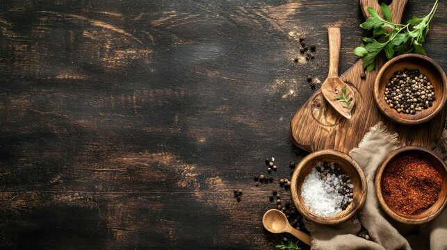 Rustic wooden table with various spices in bowls