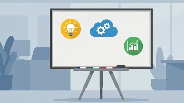 Business strategy concept animation with idea, cloud computing, and financial growth icons on whiteboard