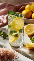 Fototapeta premium Refreshing tall glass of sparkling water with lemon slice and fresh mint leaves, surrounded by lemons and pink salt crystals