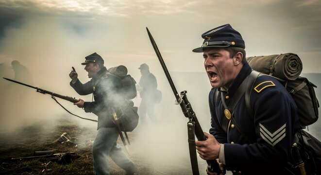 Male civil war soldier with musket charging through smoke on battlefield. Historic war reenactment illustrating military combat and bravery.