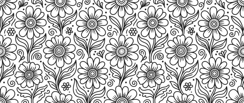 Hand-drawn floral pattern with daisies and leaves, black and white sketch