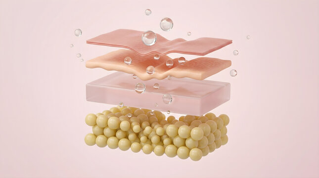 Moisture drops absorb through anatomical skin layers to smooth textures and enhance tissue elasticity. 3D rendering.