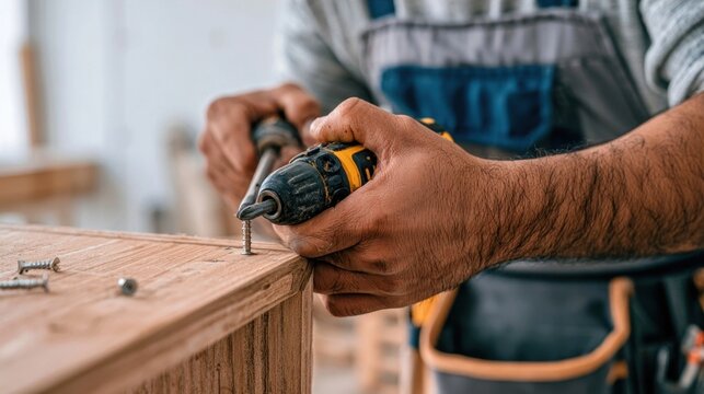 Worker hands using a power drill to drive a screw into a wooden workbench in a workshop