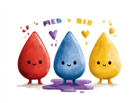 Three cute paint drops are mixing together. Red and blue combine to make purple, showing kids basic color mixing in a fun style.