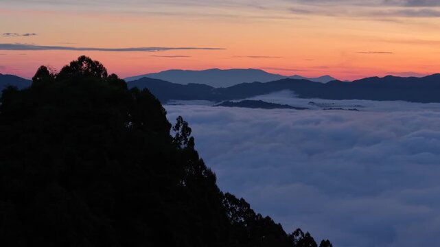 aerial sunset in the mountains, Toraja Regency