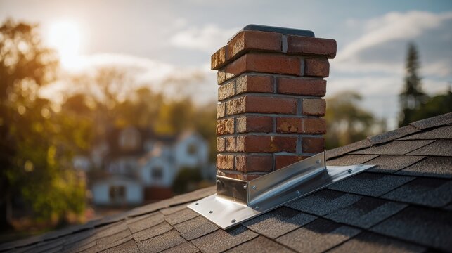 Brick chimney with metallic flashing on a shingled roof during sunset