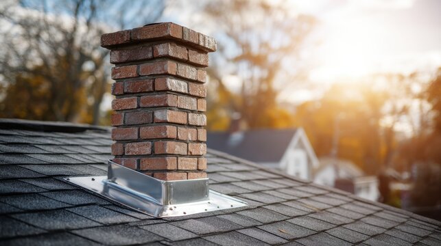 Brick chimney with metallic flashing on a shingled roof at sunset