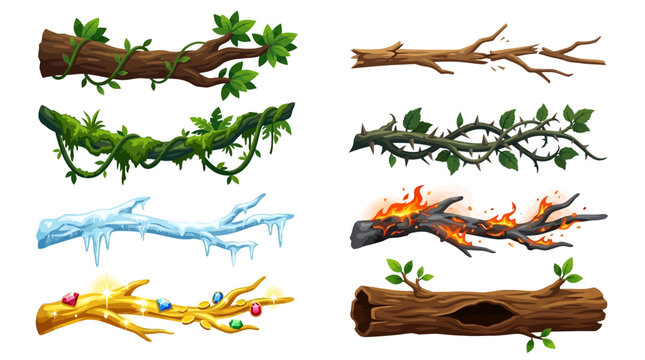 Set of Stylized Game Asset Tree Branches and Logs with Elemental Effects for Design