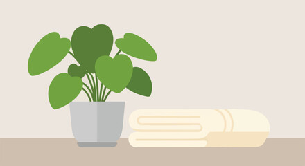 This vector features a lush green potted plant sitting beside a stack of soft, folded beige towels against a clean, minimalist background. © Aqil Art