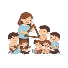 Obraz premium Cartoon illustration of children learning with teacher