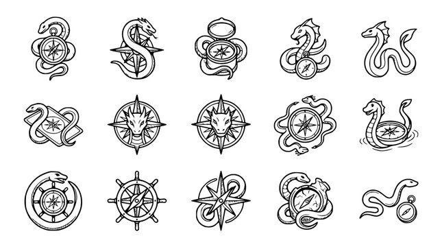 Nautical Serpent Compass Icons: Vintage Snake and Wind Rose Symbols Collection
