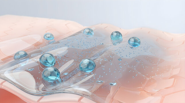 A protective gel film coats the skin layer to lock in active aqua particles. 3D rendering.