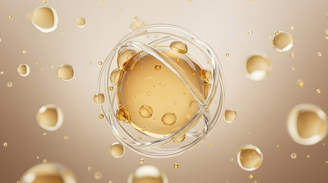 An orbital glass ring structure surrounds a central active core formula molecule to ensure stable delivery. 3D rendering.