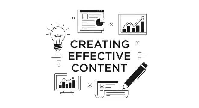 Concept illustration of creating effective content, featuring a light bulb, analytics charts, and writing tools on a clean, minimal white background.