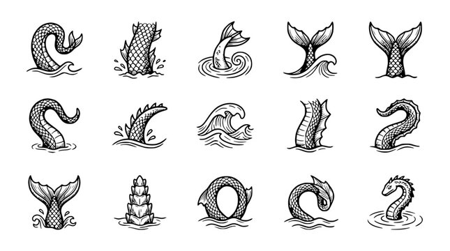 Mythical Sea Creatures Tails and Fins Collection, Hand Drawn Vector Illustrations