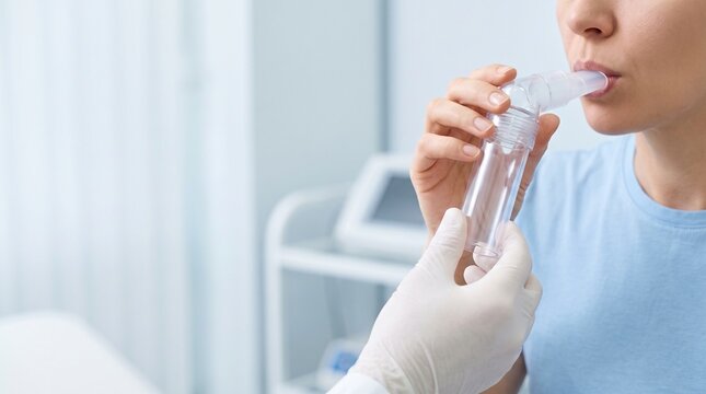 Patient performing spirometry test with mouthpiece while clinician holds disposable flow sensor, pulmonary function testing and respiratory diagnostics in clinic.