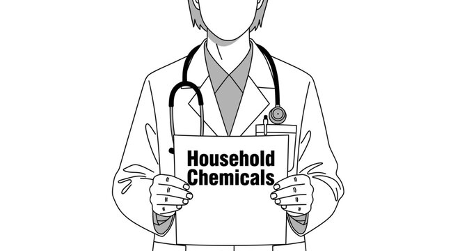 A line art illustration of a doctor holding a sign that says "Household Chemicals," representing medical advice regarding chemical safety, household hazard awareness, and toxicity prevention.