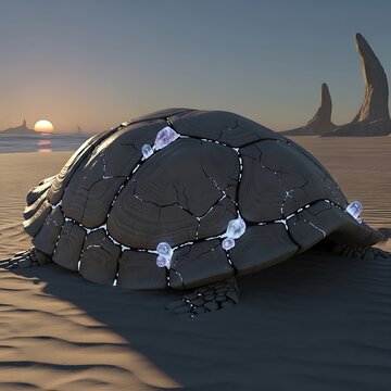 Fantasy turtle with crystal shell on desert beach at sunset