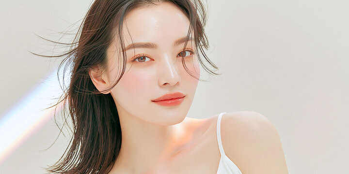 美容, 女性, スキンケア, 化粧品, ビューティー, 若い女性, 美肌, 日本人, アジア人, フェイシャル, メイク, 美容液, 保湿, クリーム, エイジングケア, 美容医療, エステ, 美容クリニック, 肌ケア, ナチュラルメイク, 透明感, ツヤ肌, モデル, 笑顔, ポートレート, クローズアップ, リラックス, 癒し, 健康的, 美白, コラーゲン, ヒアルロン酸, アンチエイジング
