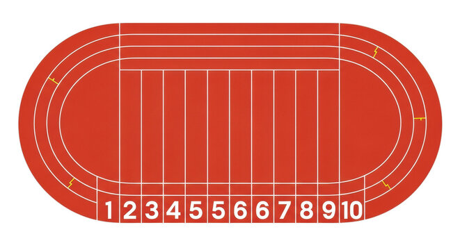 Top-down view of a vibrant terracotta red ten-lane oval athletic running track with crisp white lines and numbers 1-10, against a transparent background, conveying precision and readiness. Minimalist