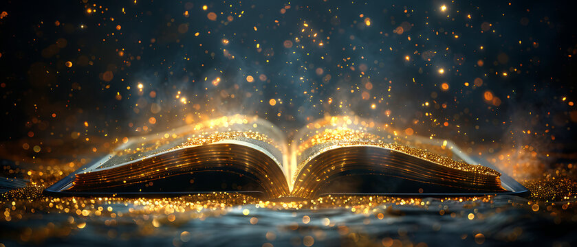 Wide Panoramic Magic Book with Glowing Gold Dust and Mystical Light Beams on Dark Fantasy Background for Back to School Banners, World Book Day Posters and Game Loading Screens