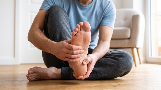 Foot pain and plantar fasciitis concept, man massaging painful foot sole at home, orthopedic health issues and podiatry care