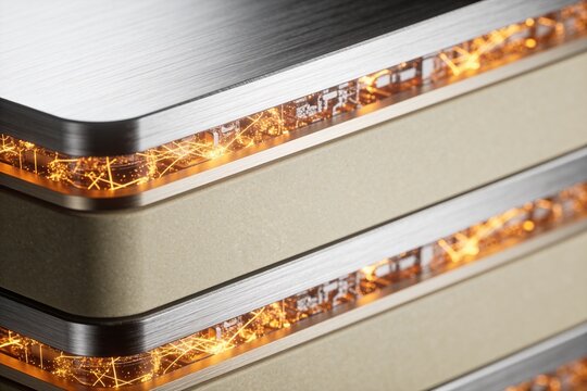 Cross-section of solid-state battery with glowing energy particles, electric vehicle and power storage technology concept